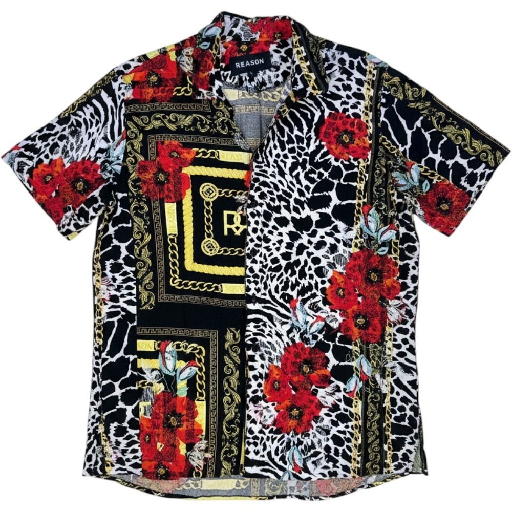 Reason Mens Baroque Leopard Floral Button Down Shirt Black Gold Red Large MB-01B